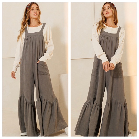 ShopEvelynne Pants - Boho -Cotton gauze solid fabric Wide leg Jumpsuit